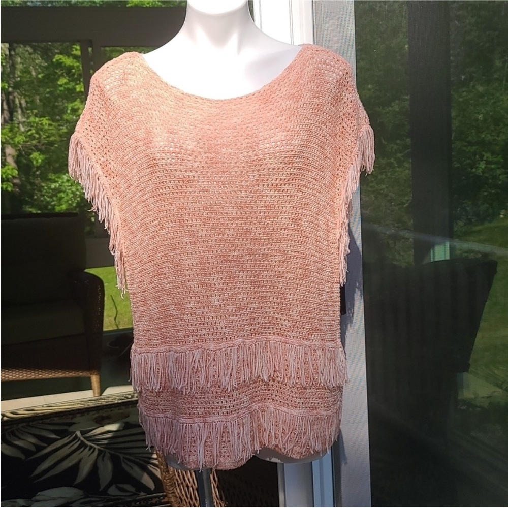WHBM Sleeveless Stretch Knit Sweater Orange Lightweight Metallic Fringe Large
